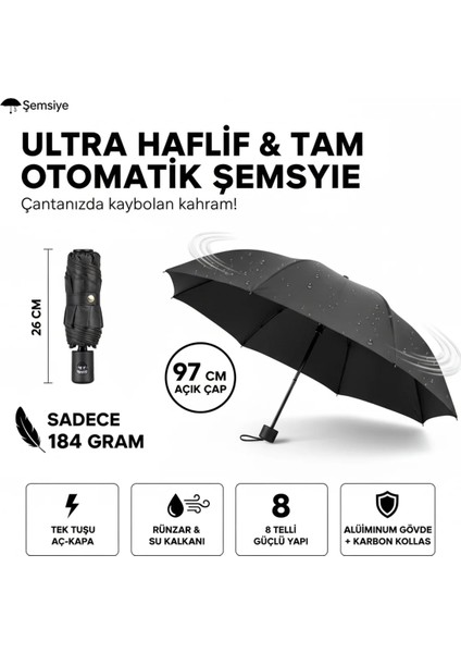 Siyah Otomatik Aç-Kapa Şemsiye – Unisex, 8 Telli, Rüzgar Dayanımlı, Kılıflı Kompakt indirimleri