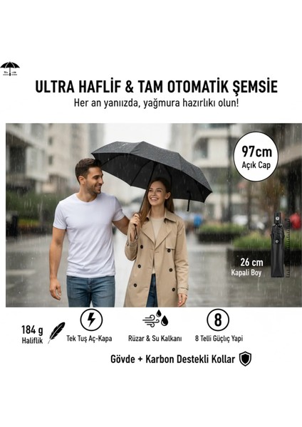 Siyah Otomatik Aç-Kapa Şemsiye – Unisex, 8 Telli, Rüzgar Dayanımlı, Kılıflı Kompakt