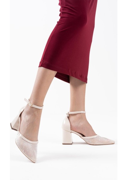 Modaserdem Borie Bej Tekstil Kumaş Taşlı Kadın Topuklu Ayakkabı modelleri