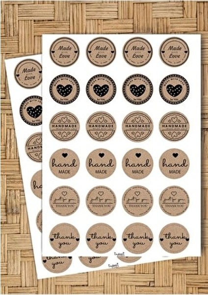 Tuğset Kraft Sticker Etiket 4 cm 48 Adet El Yapımı Desenli Doğal Renkli modelleri