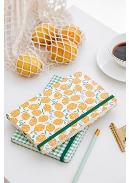 Lastikli Çizgili Defter 2'li 13 x 21 cm Sarı Limon Desenli ve Yeşil Kareli modelleri