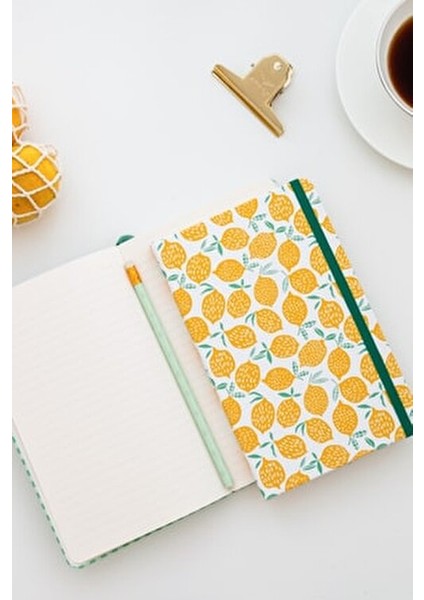 Lastikli Çizgili Defter 2'li 13 x 21 cm Sarı Limon Desenli ve Yeşil Kareli