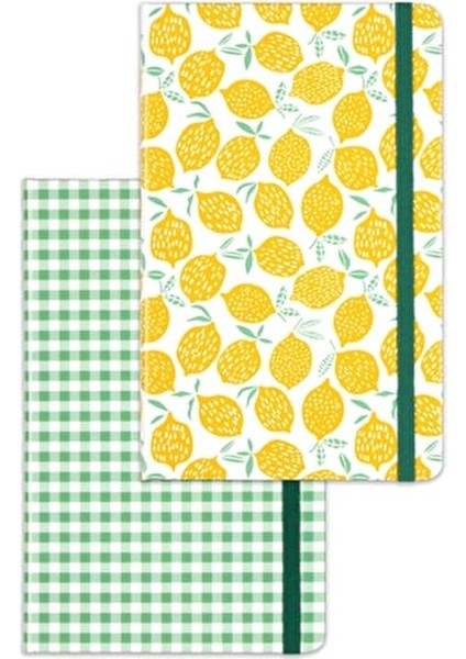Lastikli Çizgili Defter 2'li 13 x 21 cm Sarı Limon Desenli ve Yeşil Kareli