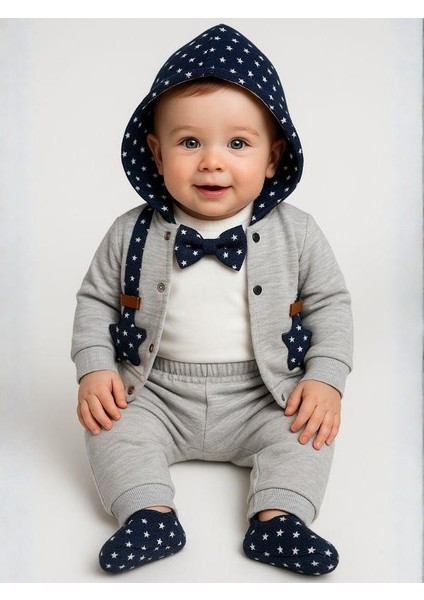 Erkek Bebek Papyonlu Hırkalı 3'lü Eşofman Takımı