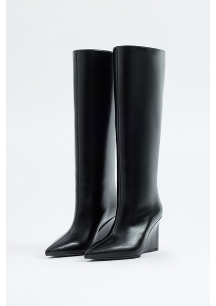 Çizme 2517 - Sivri Burun Dolgu Topuk Siyah Kadın Çizme modelleri