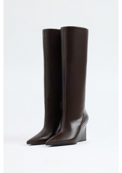 Çizme 2517 - Sivri Burun Dolgu Topuk Acı Kahve Kadın Çizme modelleri