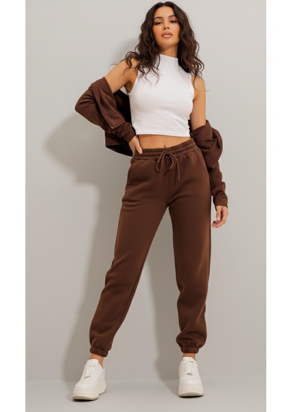 Kadın Kahve 3 Iplik Içi Şardonlu Jogging Eşofman Altı