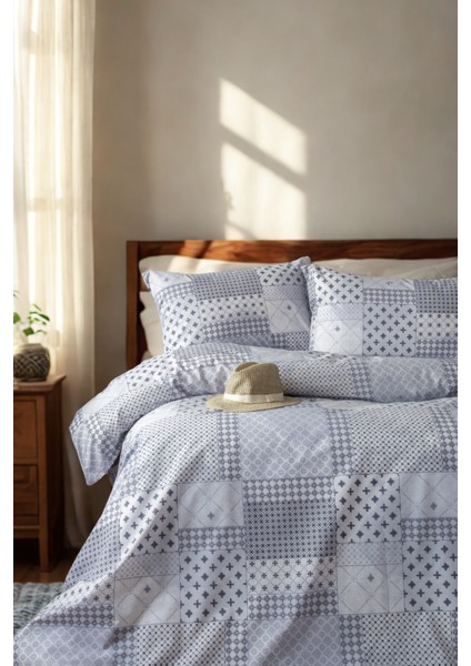 Patchwork Açık Gri Mavi Renkli Tasarım Pamuklu Çift Kişilik Nevresim ve 2 Adet Yastık Kılıfı Seti 200X220 indirimleri