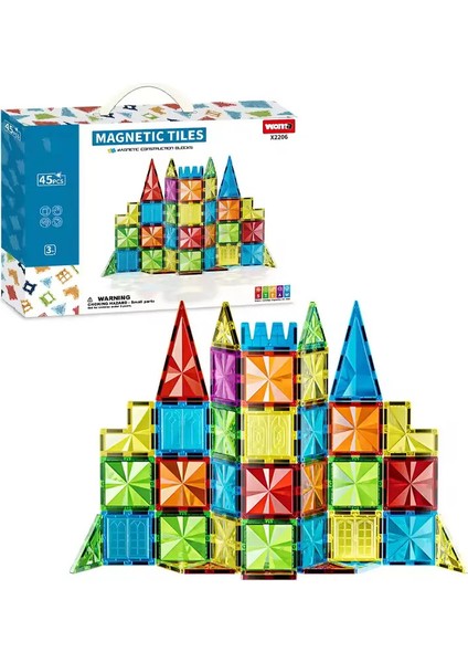 Manyetik Tiles Renkli 45 Parça Manyetik Yapı Magnetic Bloklar