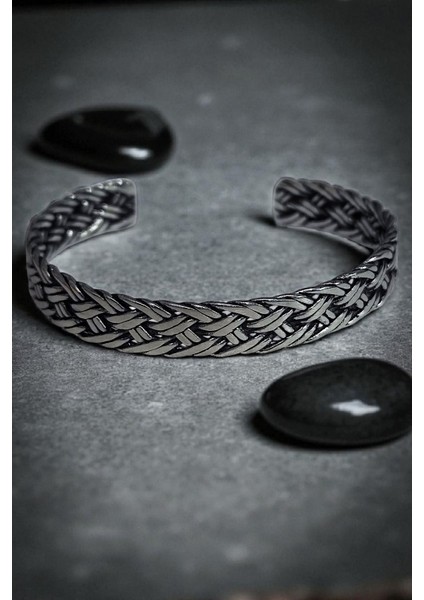 AK STORE SİLVER Gümüş Kaplama Krom-Çelik Çift Tel Hasır Örme Erkek Kelepçe Bileklik Çap 60-70 mm fırsatları