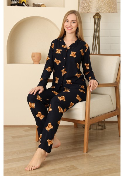 Kadın Pijama Takımı %100 Pamuk-Pat Yakalı ve Düğme Kapamalı 12309