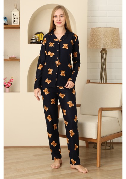 Kadın Pijama Takımı %100 Pamuk-Pat Yakalı ve Düğme Kapamalı 12309 fırsatları