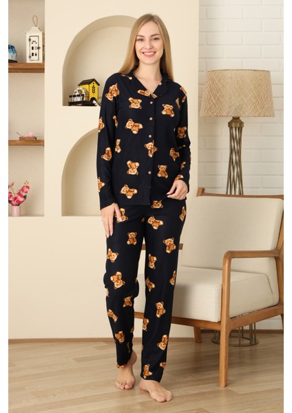 Kadın Pijama Takımı %100 Pamuk-Pat Yakalı ve Düğme Kapamalı 12309 indirimleri
