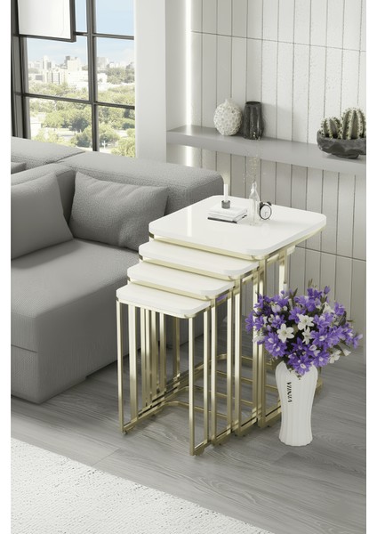 Volir 4'lü Tekerlekli Gold Metal Zigon Sehpa & Yan Sehpa