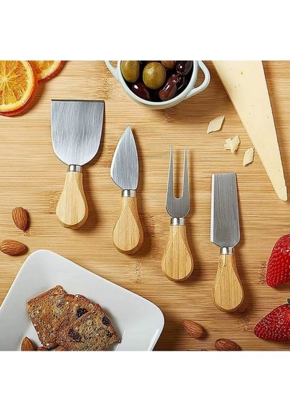 4'lü Bambu Saplı Çelik Peynir Bıçağı Set Çatal Spatula Seti, Sunum Seti Kahvaltı Mutfak Bıçak Seti