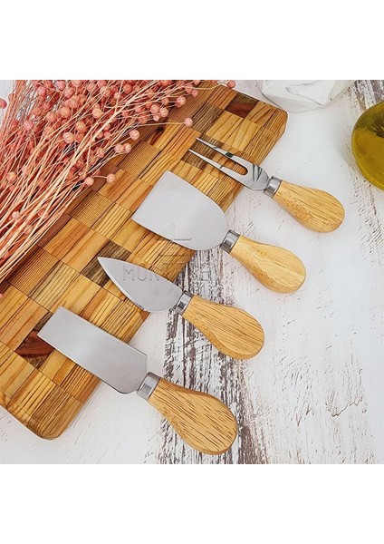 4'lü Bambu Saplı Çelik Peynir Bıçağı Set Çatal Spatula Seti, Sunum Seti Kahvaltı Mutfak Bıçak Seti modelleri