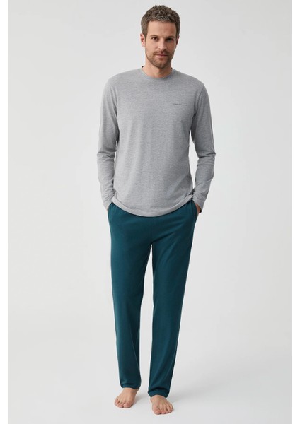 Yumuşak Dokulu Erkek Uzun Kollu 0 Yaka Pijama Takımı Gri FT701