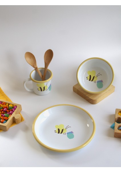Emaye Üçlü Çocuk Yemek Set - Arı Desen
