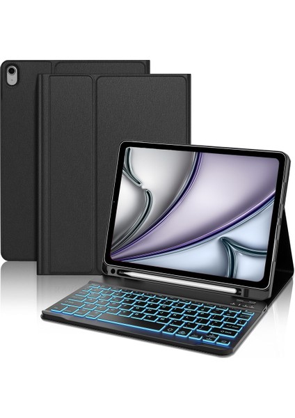 Apple iPad Air 11 M3 (2025) Rgb LED Işıklı Türkçe Karakterli Bluetooth Özellikli Kalemlikli Klavyeli Kılıff A3266 A3267
