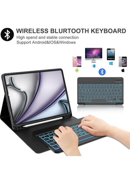 Apple iPad Air 11 M3 (2025) Rgb LED Işıklı Türkçe Karakterli Bluetooth Özellikli Kalemlikli Klavyeli Kılıff A3266 A3267 fırsatları