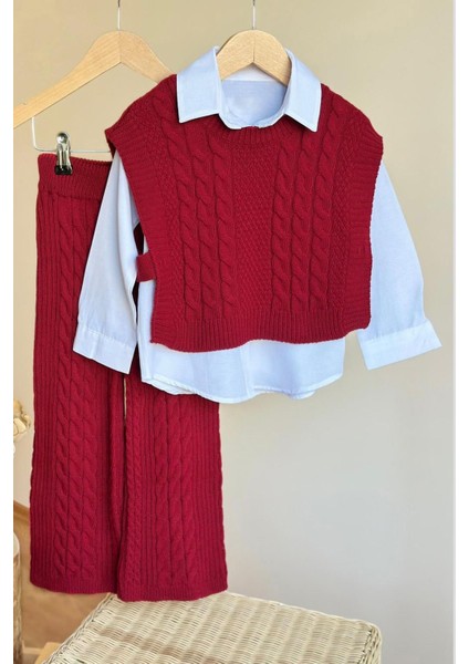 Sarmal Çizgi Detaylı Gömlekli Bağlamalı 3 Lü Triko takım - Bordo