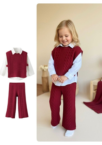 Sarmal Çizgi Detaylı Gömlekli Bağlamalı 3 Lü Triko takım - Bordo fiyatları