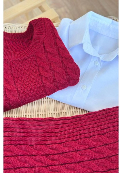 Sarmal Çizgi Detaylı Gömlekli Bağlamalı 3 Lü Triko takım - Bordo modelleri