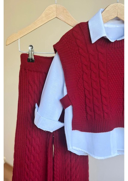 Sarmal Çizgi Detaylı Gömlekli Bağlamalı 3 Lü Triko takım - Bordo fırsatları