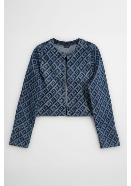 Kadın Modern Desenli Önü Açık Jean Ceket