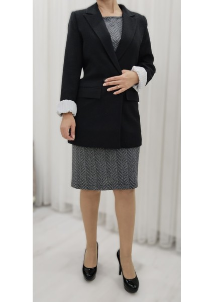 Gri Zigzag Desenli Likralı Yünlü Kışlık Jakarlı Kumaş Önden Kuplu Düz Dar Elbise fırsatları
