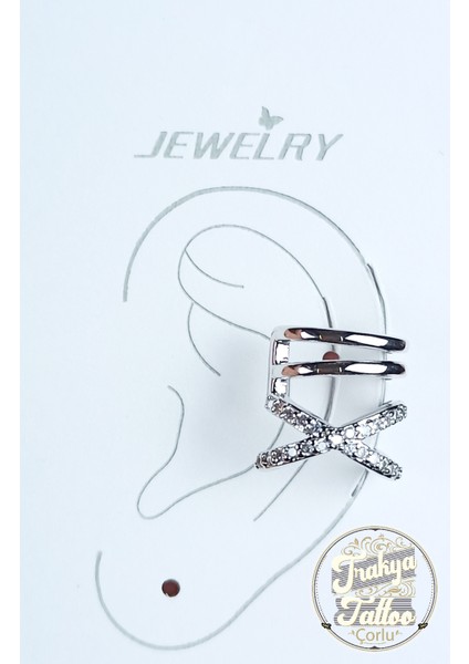 Gümüş Renk Zirkon Taşlı Sıkıştırmalı 4 Sıra Kıkırdak Küpe Earcuff