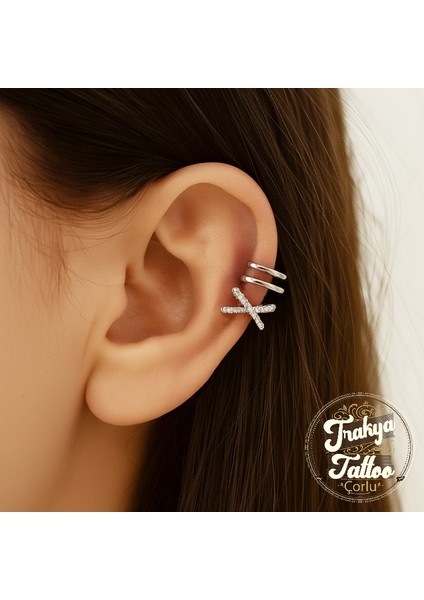 Gümüş Renk Zirkon Taşlı Sıkıştırmalı 4 Sıra Kıkırdak Küpe Earcuff fiyatları