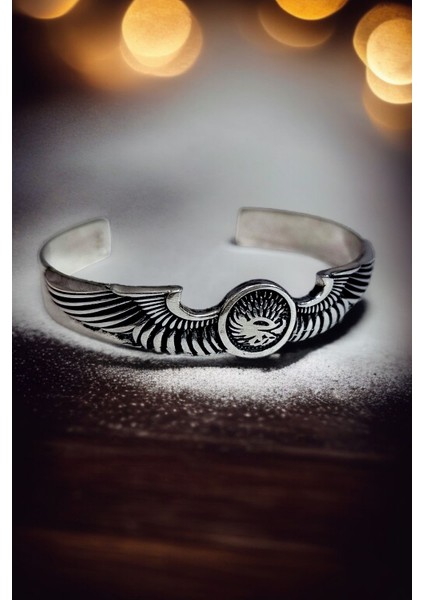 AK STORE SİLVER Gümüş Kaplama Krom-Çelik Kartal Kanatları 10 MM Erkek Kelepçe Bileklik Çap 50-60 mm