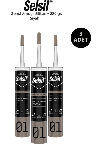 Genel Amaçlı Siyah Silikon 280 Gr. 3 Adet