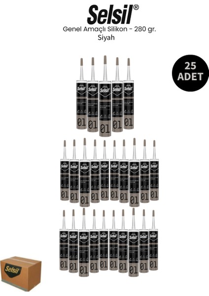 Genel Amaçlı Siyah Silikon 280 Gr. - 25 Adet