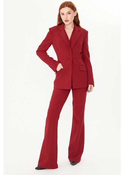 Bordo Bele Oturan Blazer Ceket – Kadın Şık Kalıp Ofis Kombini Için Uygun Modern Klasik Ceket