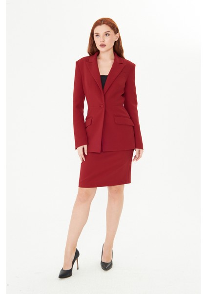 Bordo Bele Oturan Blazer Ceket – Kadın Şık Kalıp Ofis Kombini Için Uygun Modern Klasik Ceket