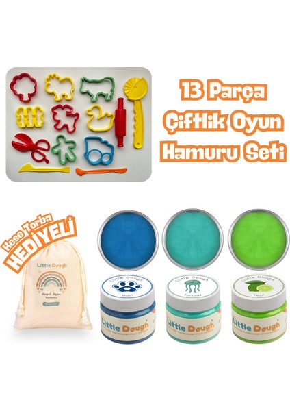 - 13 Parça Çiftlik Hayvanları Oyun Hamur Seti - 3X150GR Doğal Oyun Hamuru - Mavi, Turkuaz, Yeşil