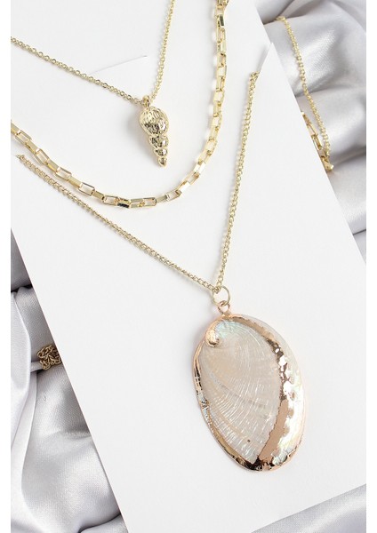 Pirinç Çoklu Zincirli Istiridye Model Gold Renk Kadın Kolye