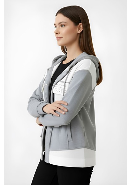 Zımba Detaylı Kapüşonlu Dokuma Detaylı Taşlı Fermuarlı Büzgülü Cepli Ceket fiyatları