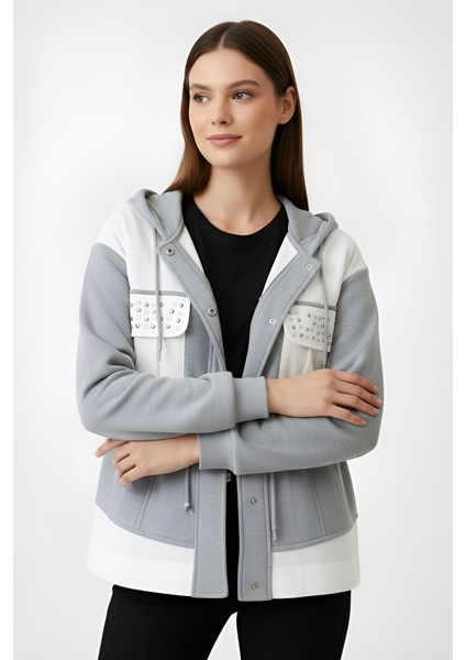 Zımba Detaylı Kapüşonlu Dokuma Detaylı Taşlı Fermuarlı Büzgülü Cepli Ceket modelleri