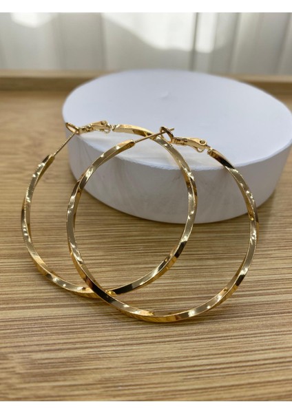 Çelik Gold Renk 4 cm Çaplı Büyük Burma Halka Küpe modelleri
