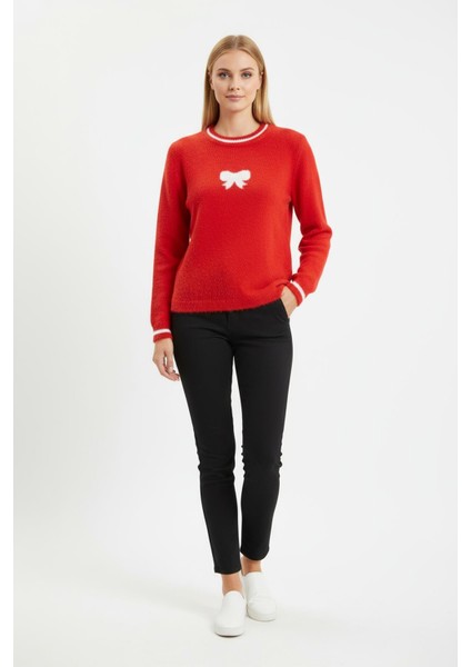 Kırmızı Bisiklet Yaka Kurdele Detaylı Kadın Kazak 2359