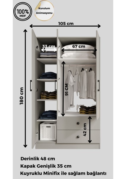 %100 Mdf 3 Kapaklı 2 Çekmeceli 7 Raflı Gardırop – 180X105X48 cm Moriva Kurulum Animaslonlu fırsatları