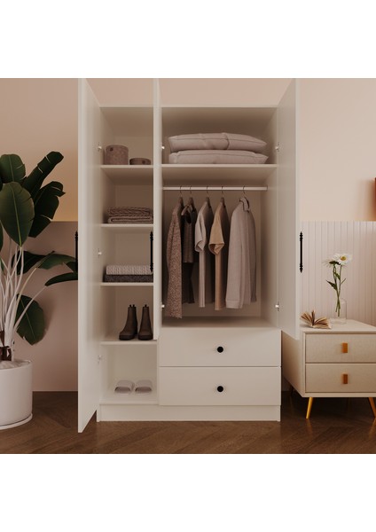 %100 Mdf 3 Kapaklı 2 Çekmeceli 7 Raflı Gardırop – 180X105X48 cm Moriva Kurulum Animaslonlu