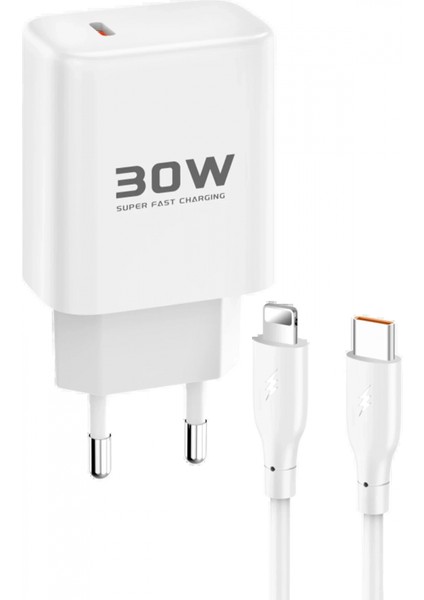 JK89 30W Type-C Çıkışlı Ekstra DC66 1m Type-C To Lightning Kablolu Pd Şarj Cihazı - Beyaz