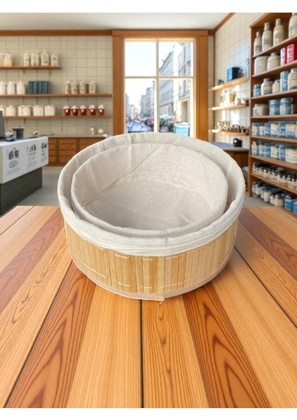 Doğal Bambu Kumaş Astarı Çıkarılabilir Yuvarlak Sepet Seti – 2’li Dekoratif ve Çok Amaçlı Organizer (Mutfak & Banyo Kullanımı)