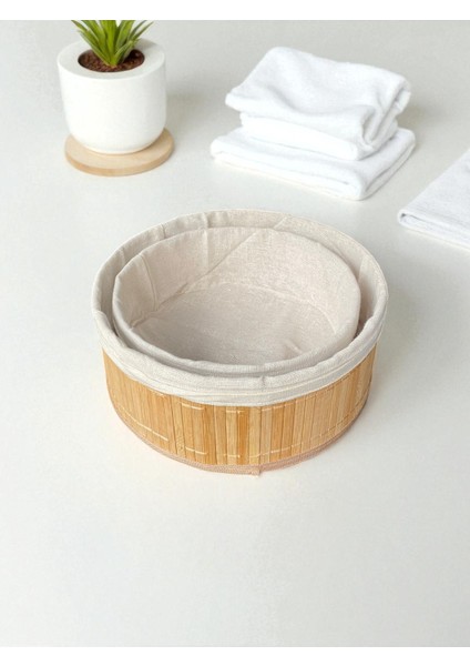Doğal Bambu Kumaş Astarı Çıkarılabilir Yuvarlak Sepet Seti – 2’li Dekoratif ve Çok Amaçlı Organizer (Mutfak & Banyo Kullanımı) modelleri