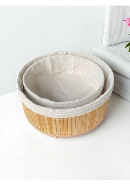 Doğal Bambu Kumaş Astarı Çıkarılabilir Yuvarlak Sepet Seti – 2’li Dekoratif ve Çok Amaçlı Organizer (Mutfak & Banyo Kullanımı) indirimleri