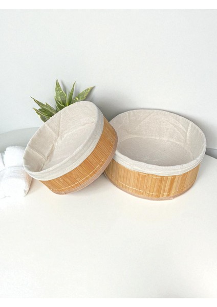 Doğal Bambu Kumaş Astarı Çıkarılabilir Yuvarlak Sepet Seti – 2’li Dekoratif ve Çok Amaçlı Organizer (Mutfak & Banyo Kullanımı)